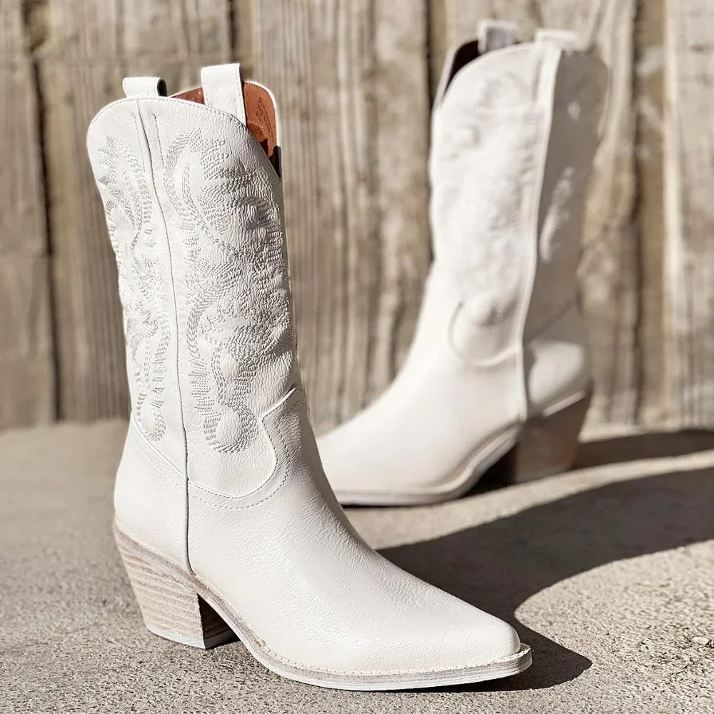 NEW White Cowboy Western Embroidered Stitch Pointy Toe Block Heel Mid Calf Boots - Picture 13 of 13